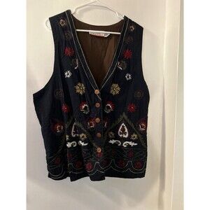 Forelli Embroidered Floral Cotton Vest Navy/Brn  Wood Button Women 18/20cottage